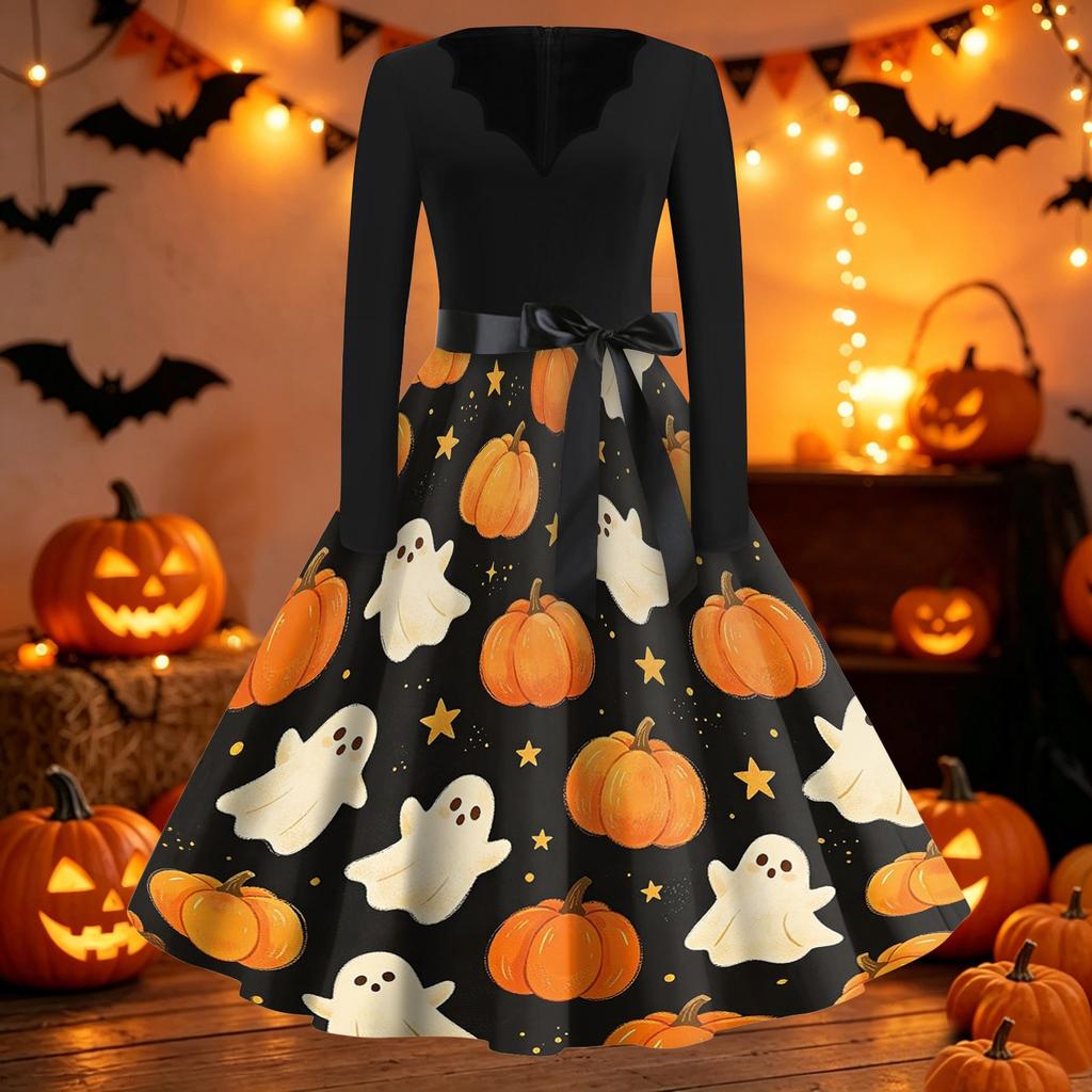 Women's Casual Halloween Print V Neck Vintage Dress Long Sleeve Retro Style Midi Dress with Waist Tie for Seasonal Wear