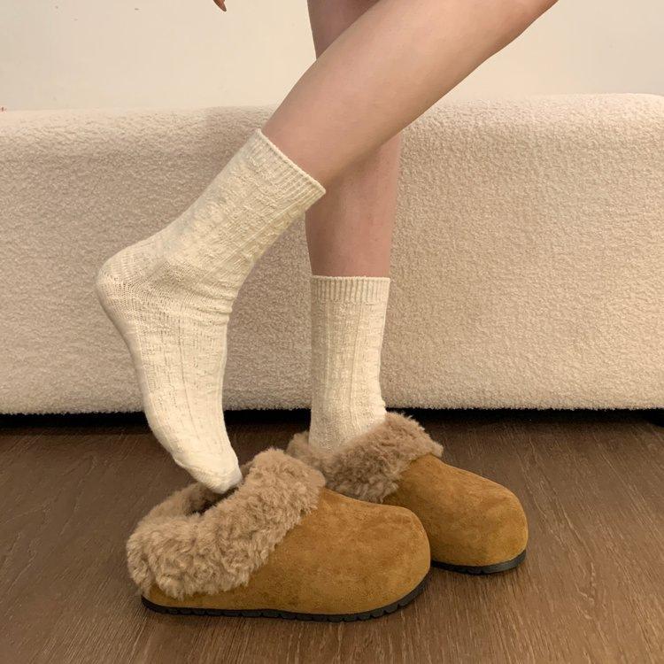 Temperament retro thick-soled fluffy slippers new autumn and winter outer wear bag head heightening cotton slippers