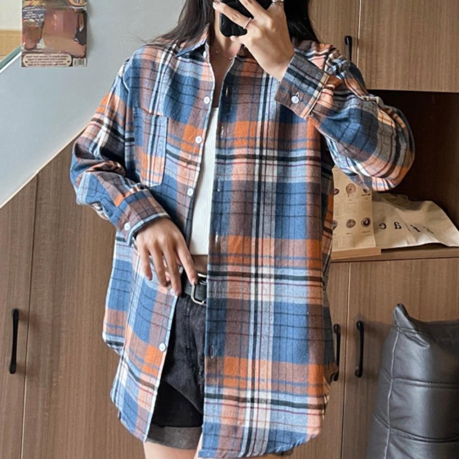 

Классическая клетчатая рубашка, простые топы, весенне-осенние рубашки с длинными рукавами с лацканами, женская хлопковая блузка с начесом, азиатский размер XL оранжевый