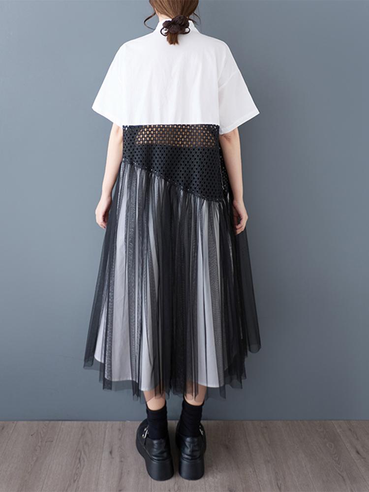 Xitao Einreihiges Patchwork-Netzkleid GYX1566