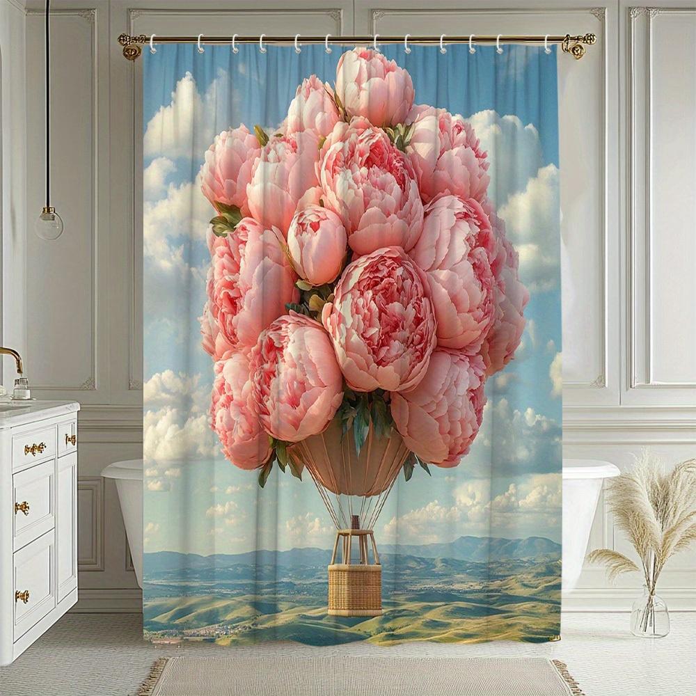1Pc. Floral Hot Air Balloon Shower Curtain, Elegant Pink Peony, Romantic Scenery, Bathroom Decor, Polyester Fabric, Includes