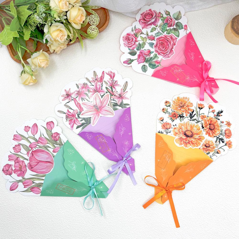 

4pcs Floral Bouquet Thanksgiving Card, Ins-Style Minimalist Greeting Card for Birthdays & Appreciation Gifts