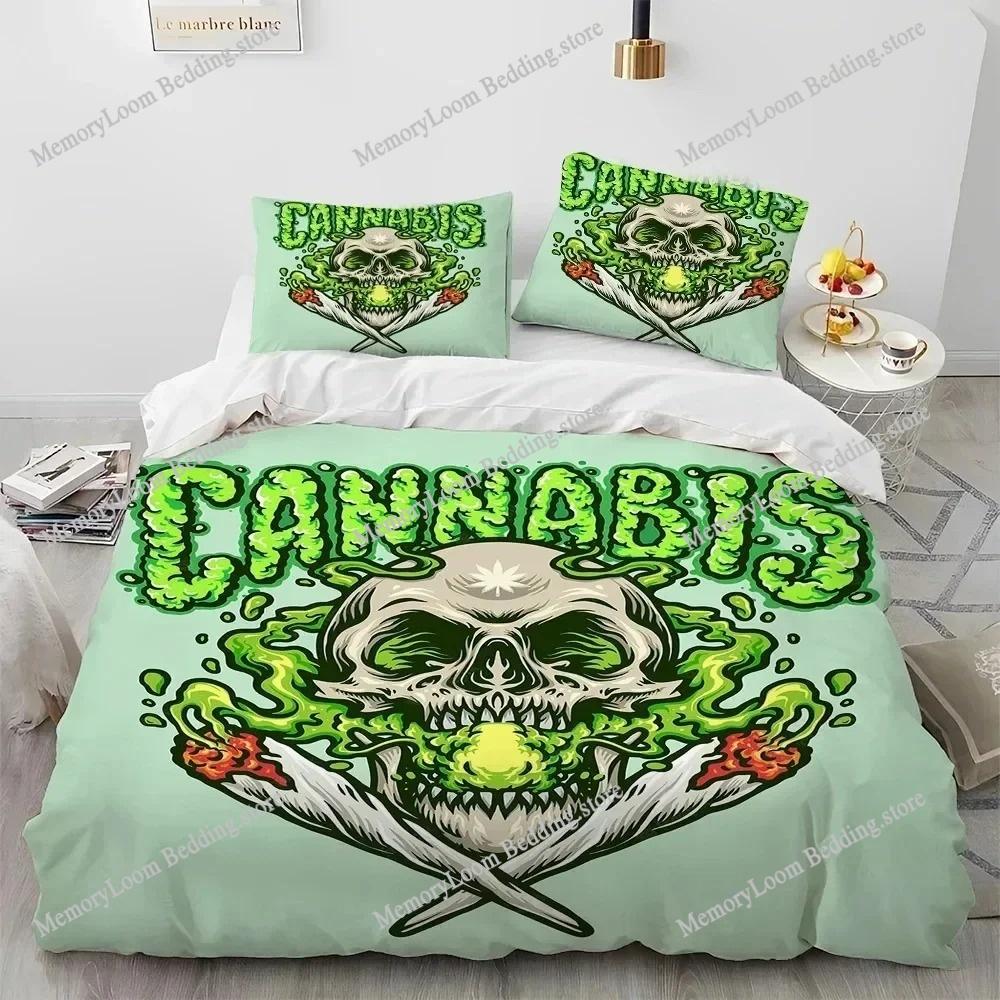Artwork Unique Maple Weed Plant Green Death Skull Smoke Bedding Set Queen/King Size Duvet Cover Comforter Soft Cozy Home Textile