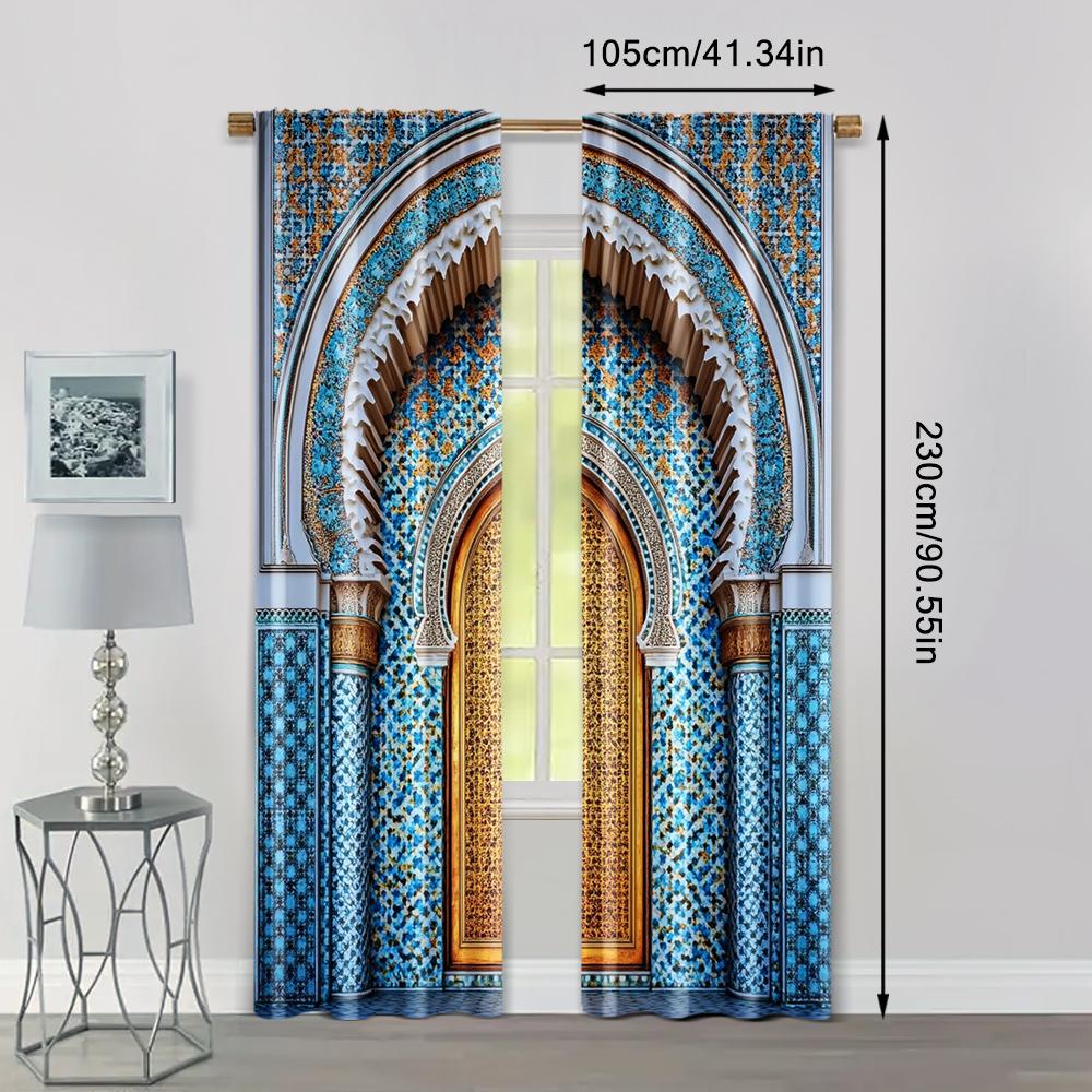 2pc,  Curtain Ancient Morocco Palace Door Print Durable Polyester,Without Electricity Versatile Suitable for Multipurpose Event