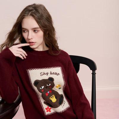 Sancai 2025 Winter Little Bear Embroidered Knit Sweater
