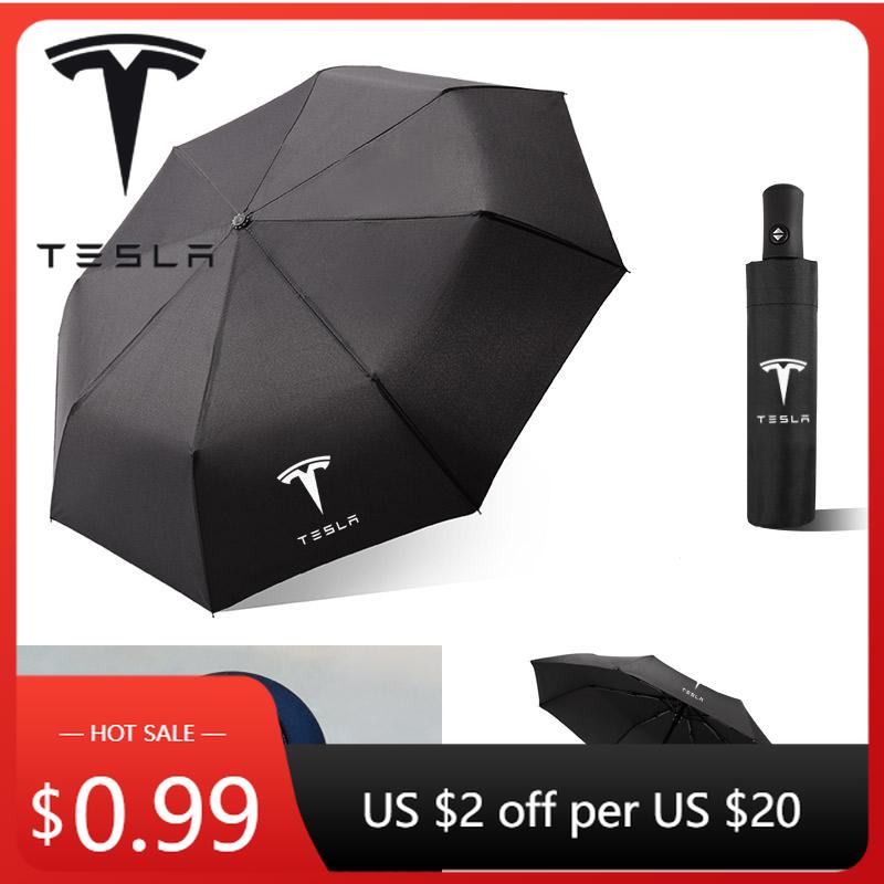 Car Sticker Tesla Car Emblem Portable Automatic Folding Rain Umbrella For Tesla Model S Model X Model 3 Roadster Cybertuck Auto