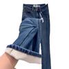 2023 Women's Retro Blue High-Waist Flared Jeans with Velvet, Light Luxury Autumn/Winter Collection