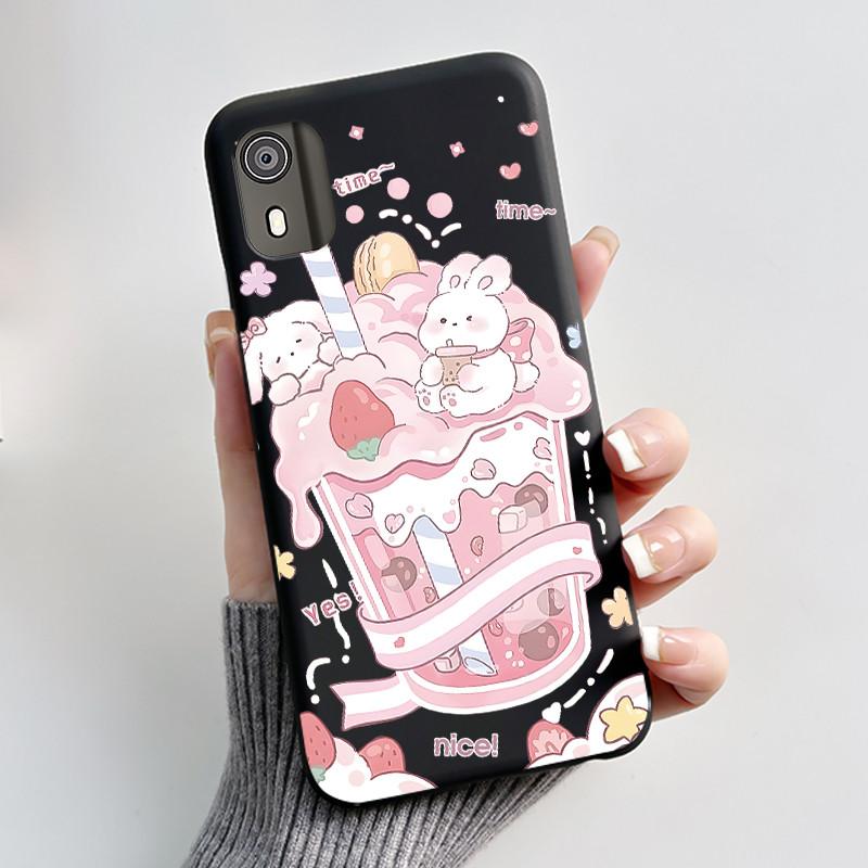 For Nokia C02 Phone Case Cute Funny Love Rabbit Animal Black Matte Soft TPU Protective Back Cover for Nokia C2 2nd Edition Case