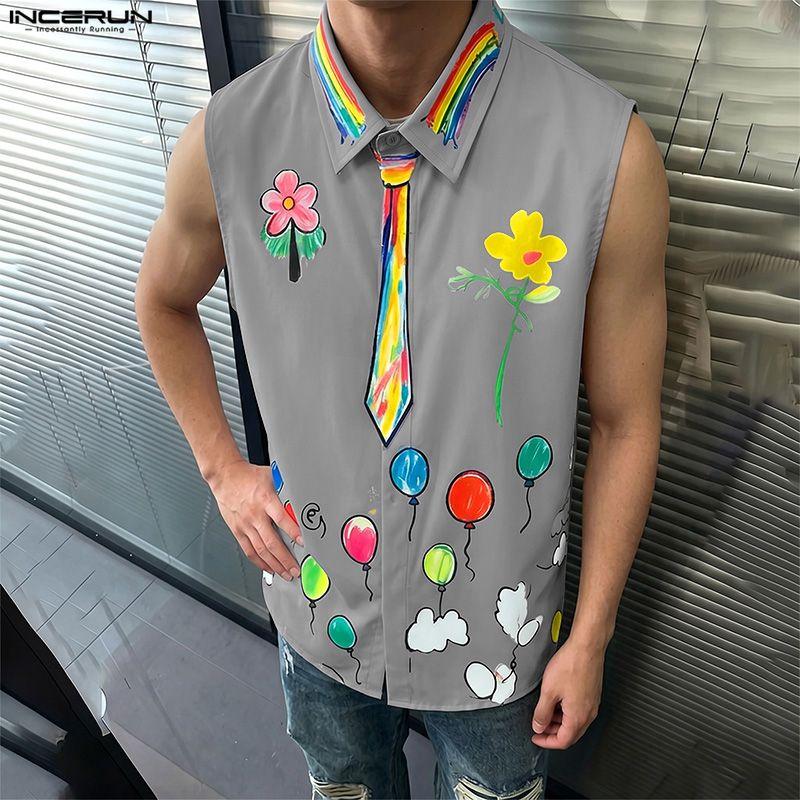 INCERUN Mens Casual Sleeveless Shirt Lapel Collar Button Down Funny Cartoon Graffiti Print Holiday Tank Tops
