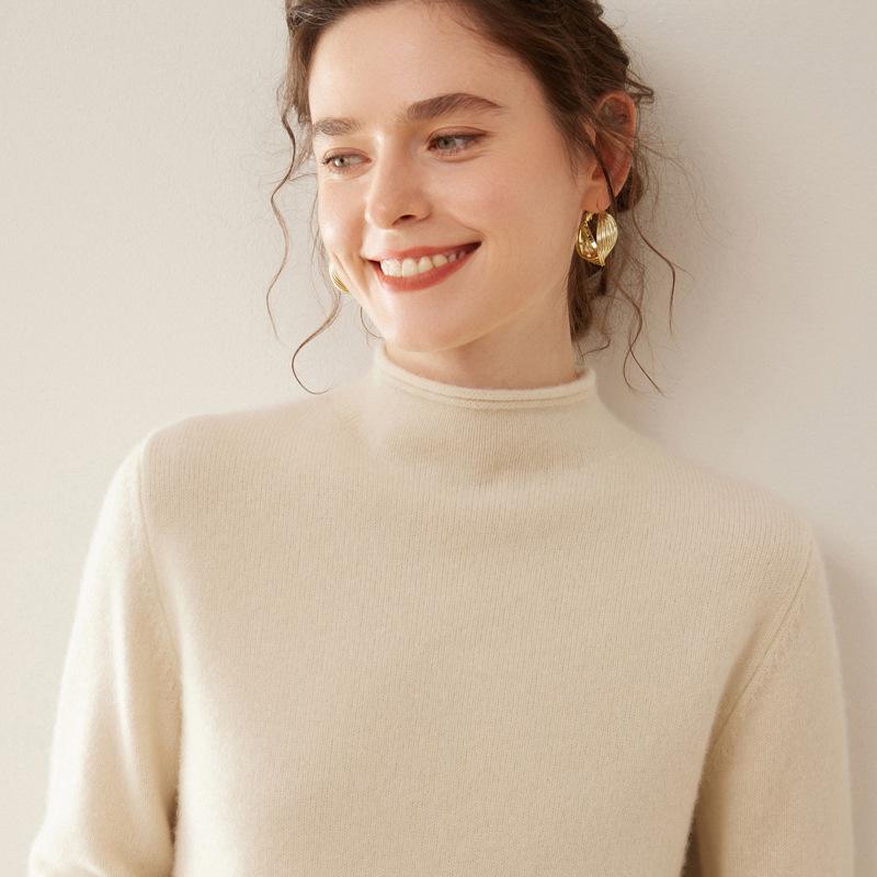 Women's Minimalist Cashmere Semi-High Neck Rolled-Edge Sweater - Loose Fit, Slimming, Long Sleeve