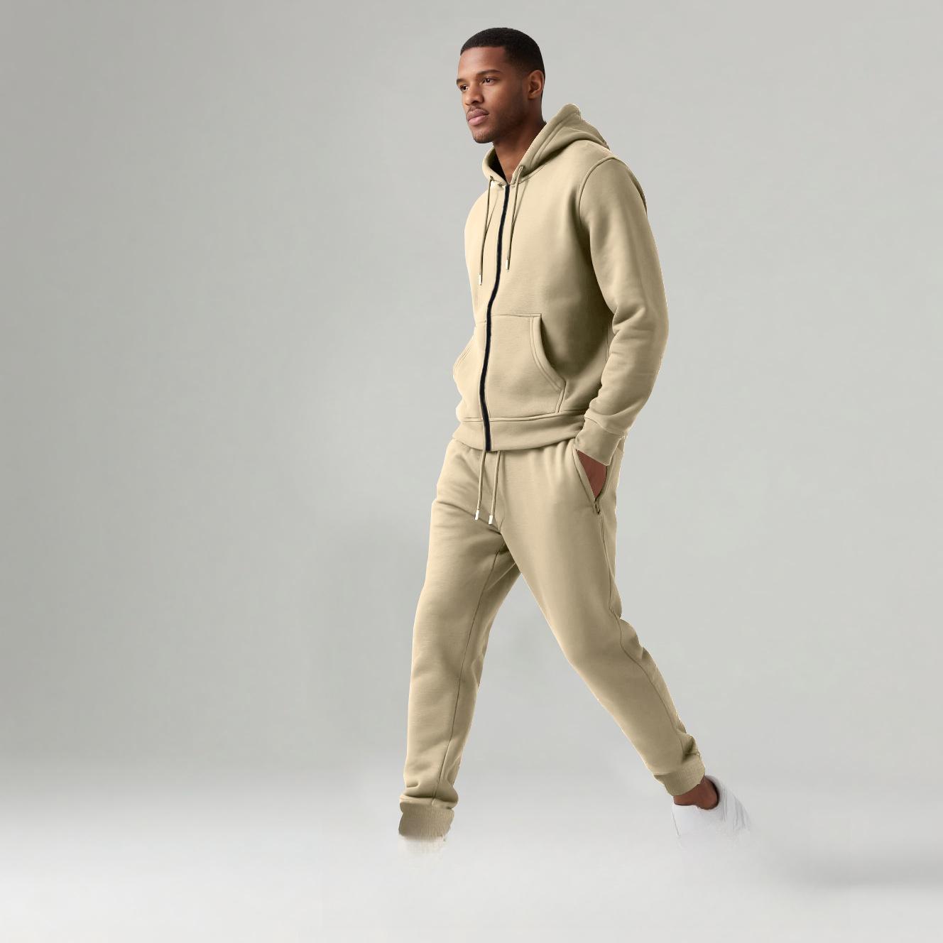 

Men s Zip-Up Hooded Sweatshirt and Jogger Pants Set in Dark Olive Green, Black, Khaki, Light Gray, Navy XXXL абрикосовый