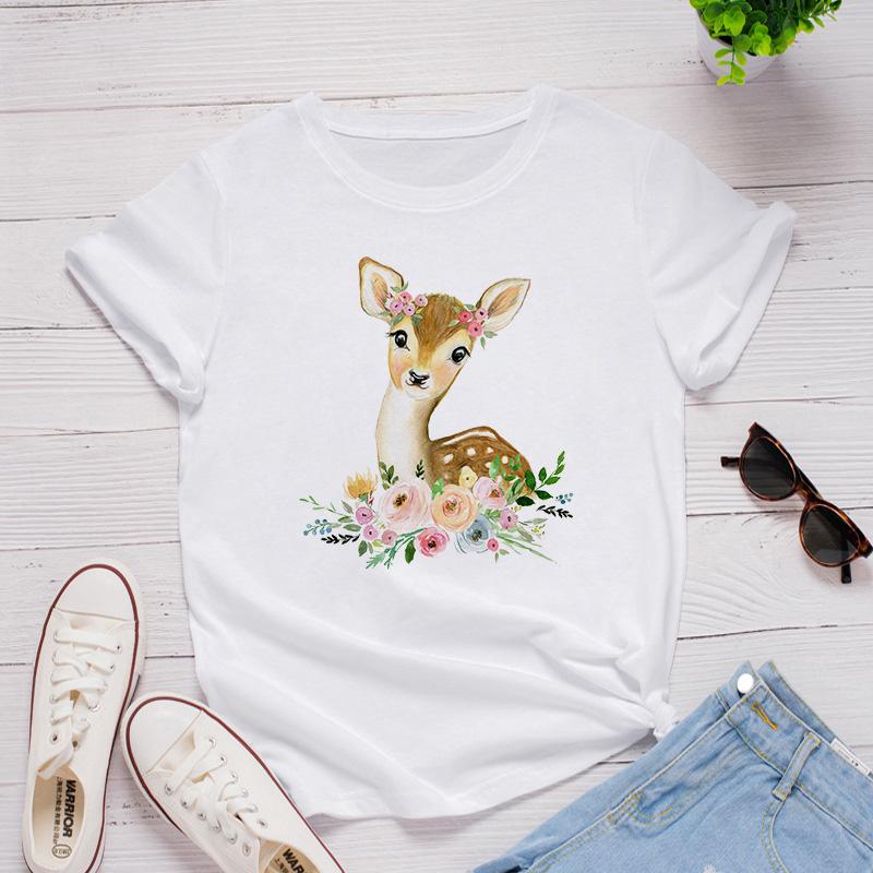Women White Tshirt Tops Cute Cartoon Deer In The Flowers Love T Shirt Girl Fashion Harajuku T-Shirt Floral Pattern