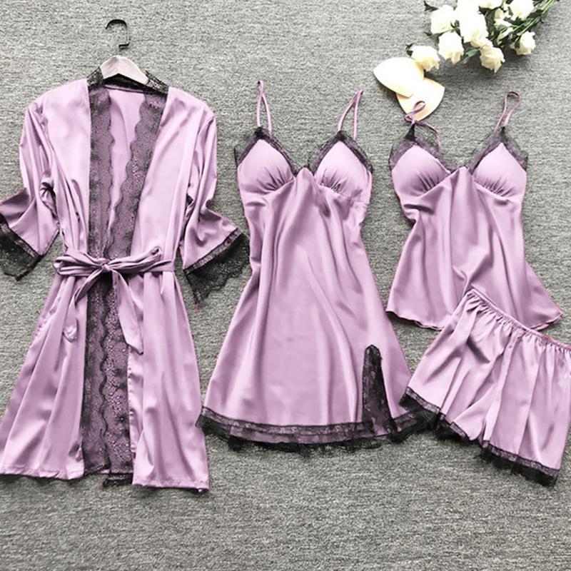 4-teiliges Nachtwäsche-Pyjama-Set aus Seide für Damen, Nachthemd, Spitzenkleid, Bademantel, Schlafanzug, Nachtwäsche aus Seide, einfarbig, Pijama-Sets