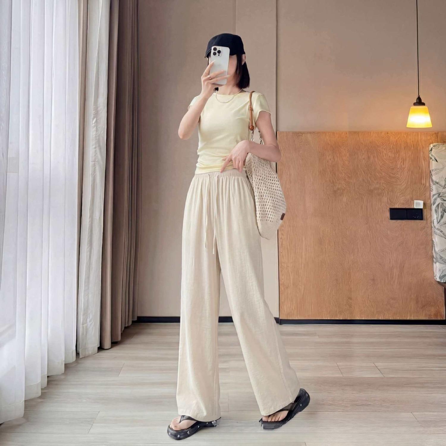 Women s High Waist Straight Leg Pants Loose Fit Casual Linen Summer Trousers Wide Leg Pants M
