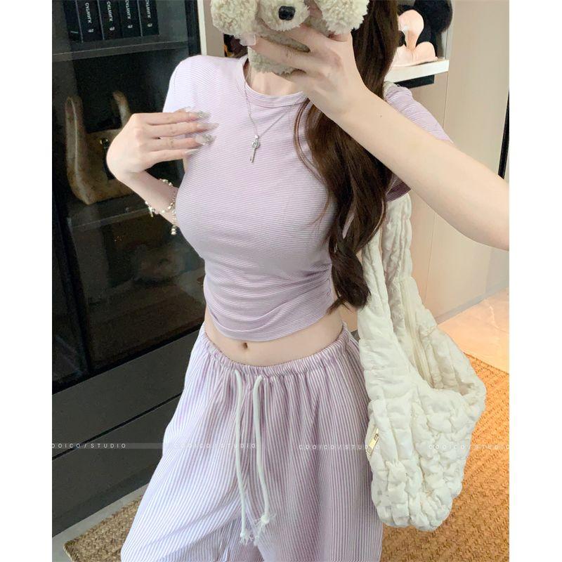 

Kumikumi Casual Suit Ruched Stripes Short-Sleeved T-shirt Women s Summer Drawstring Loose Pants Mop Pants Two-piece Set Purple Stripes Tops L