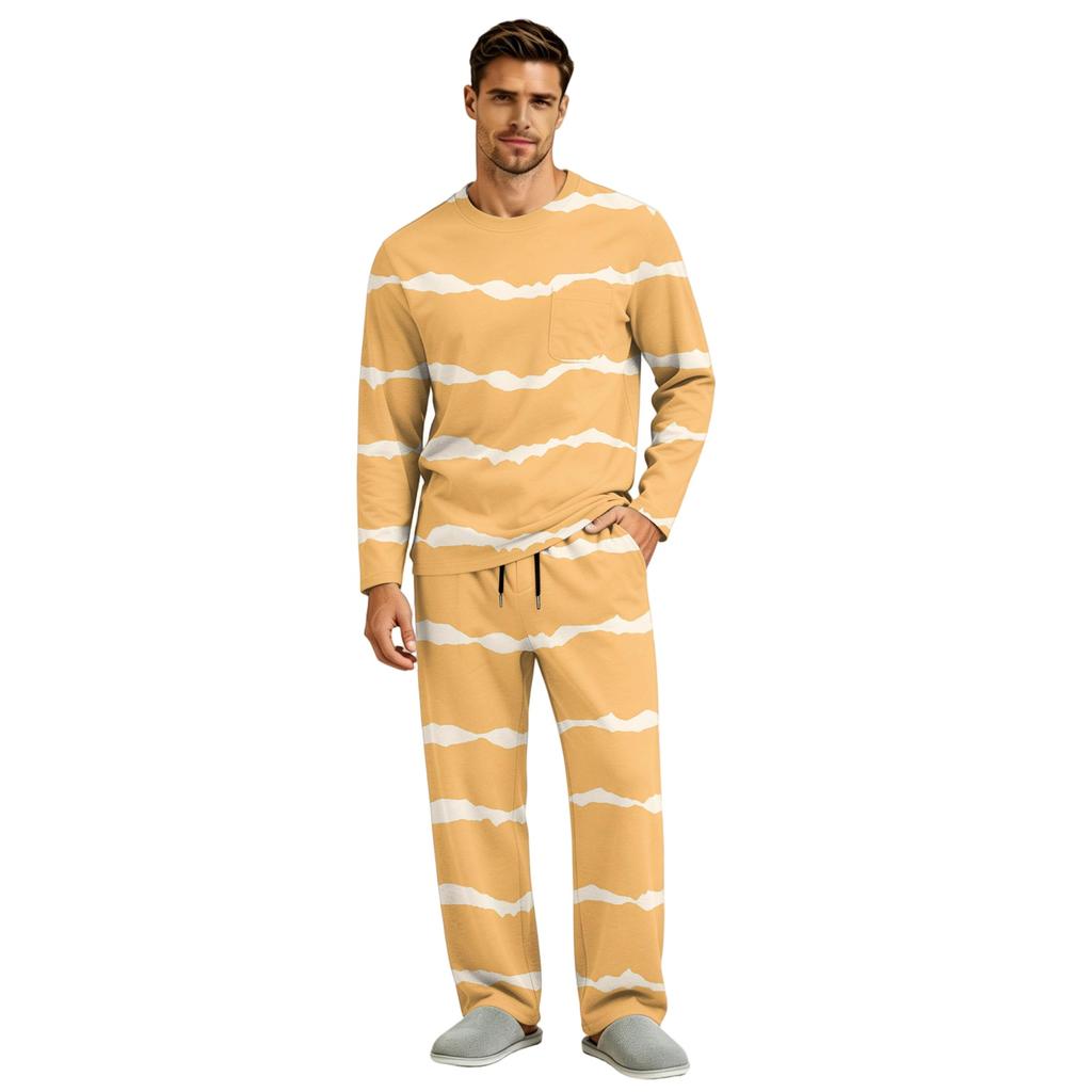 Men's Pajama Set Long Sleeve Top and Long Pants with Button Crotch and Elastic Drawstring Waist for Home Loungewear