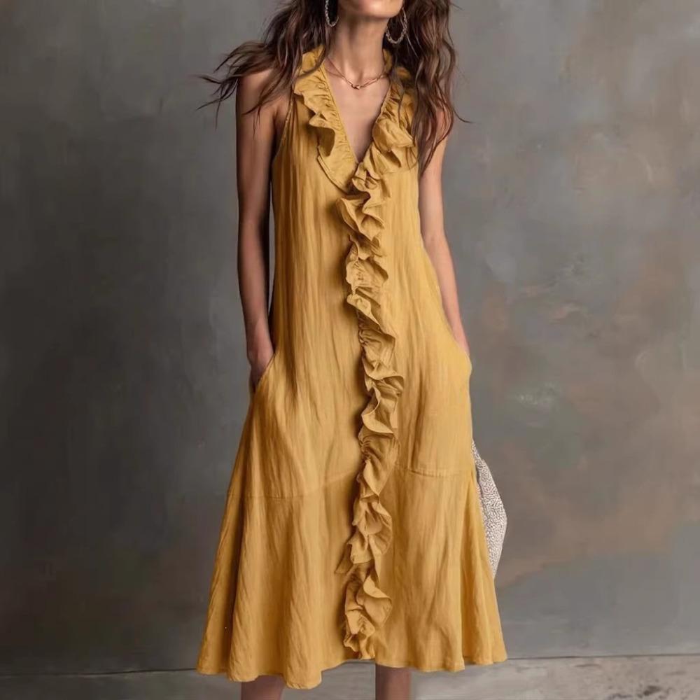 Spring and summer new women's new solid color sleeveless V-neck ruffle edge dress