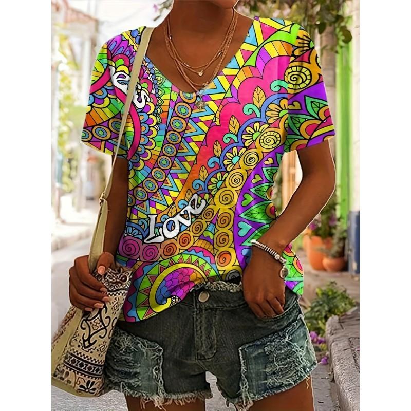 Womens V-Neck Short Sleeve T-Shirt With 3D Printed Striped Loose Fit Casual Chic Top 2025
