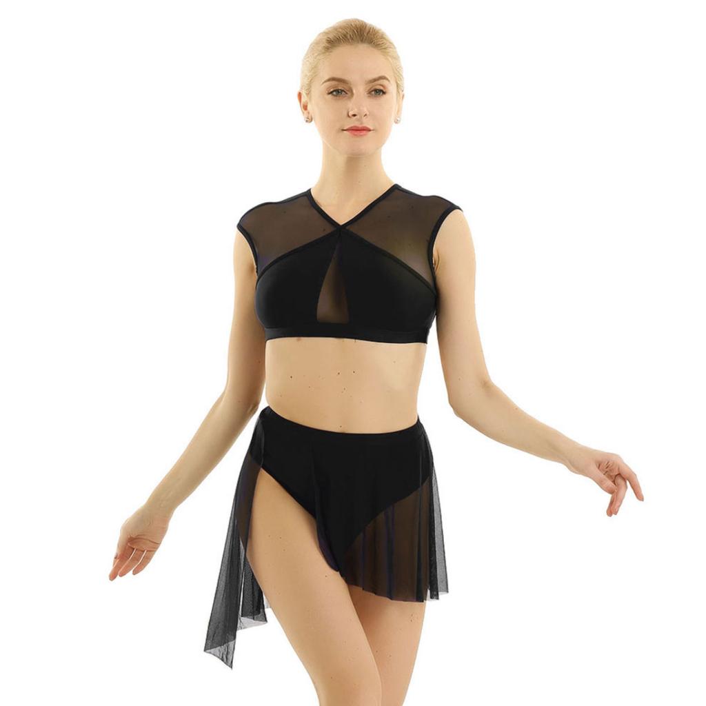 Tanzkleid für Damen, asymmetrisches Mesh-Ballett, lateinamerikanische Tanz-Outfits, überkreuzte Crop-Tops und kurzer Rock