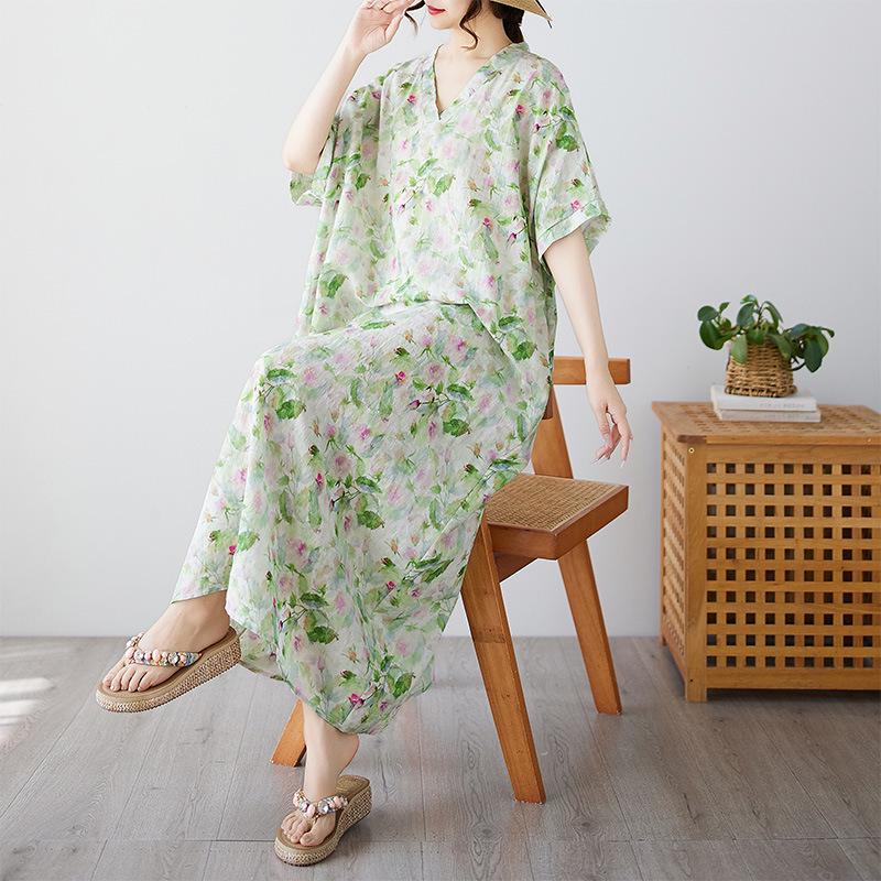 Chic Bohemian V-Neck Plus Size Loose Robe Dress for Women Plus Size