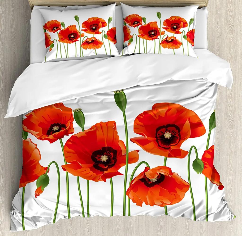 Floral Bedding Set Comforter Duvet Cover Pillow Shams Poppies Of Spring Season Pastoral Flowers Bot Bedding Cover Double Bed Set