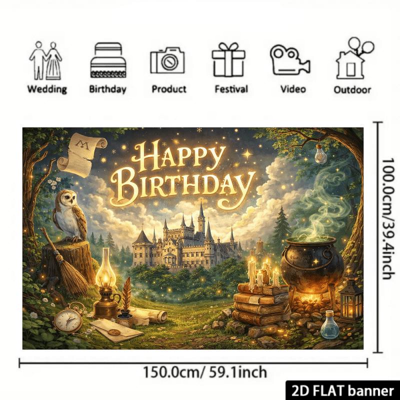2D Flat Banner - Magic Birthday Theme Background Fabric with "Happy Birthday" Displayed In the Center of the Picture.