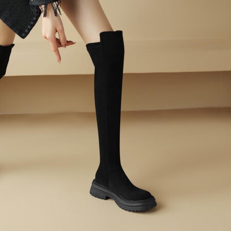 Autumn and Winter Suede Over-knee Boots Women's Comfortable Medium Heel Thick Sole Square Heel Round Head Women's Boots Korean Version Large Size Blac