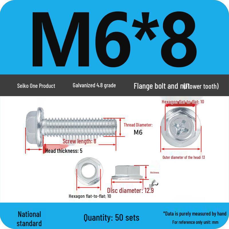 4.8 Grade Galvanized Hex Bolt Set with Anti-slip Washer & Nut, Cross Flange Head, M4/M5/M6/M8mm