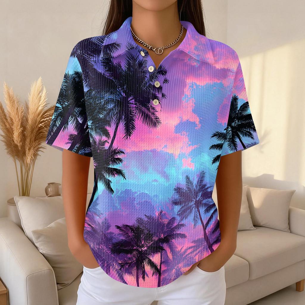 Women Casual Short Sleeve Hawaiian Print Waffle Knit Polo Shirt Lightweight Breathable Summer Top Relaxed Fit
