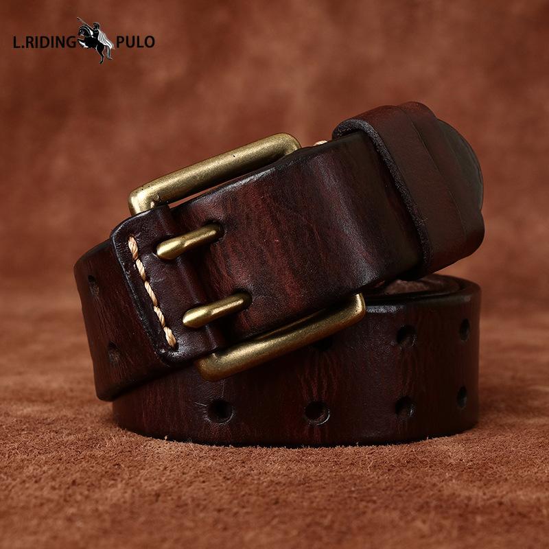 Men's Leather Belt Double Pin Buckle Top Layer Cowhide Retro Youth Copper Buckle Belt