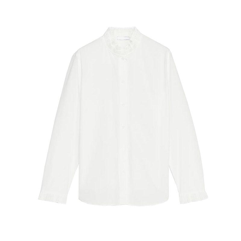 Spring New Women's Clothing Asymmetric Circular Lower Hem Long Sleeves Laminated Decoration Cotton Shirt 4786060