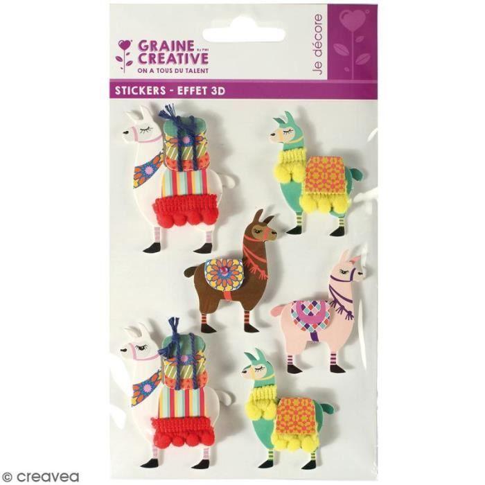 Stickers 3D - Lama - 6 autocollants - Dimensions 3,5-6 cm - Thème ludique - Mixte