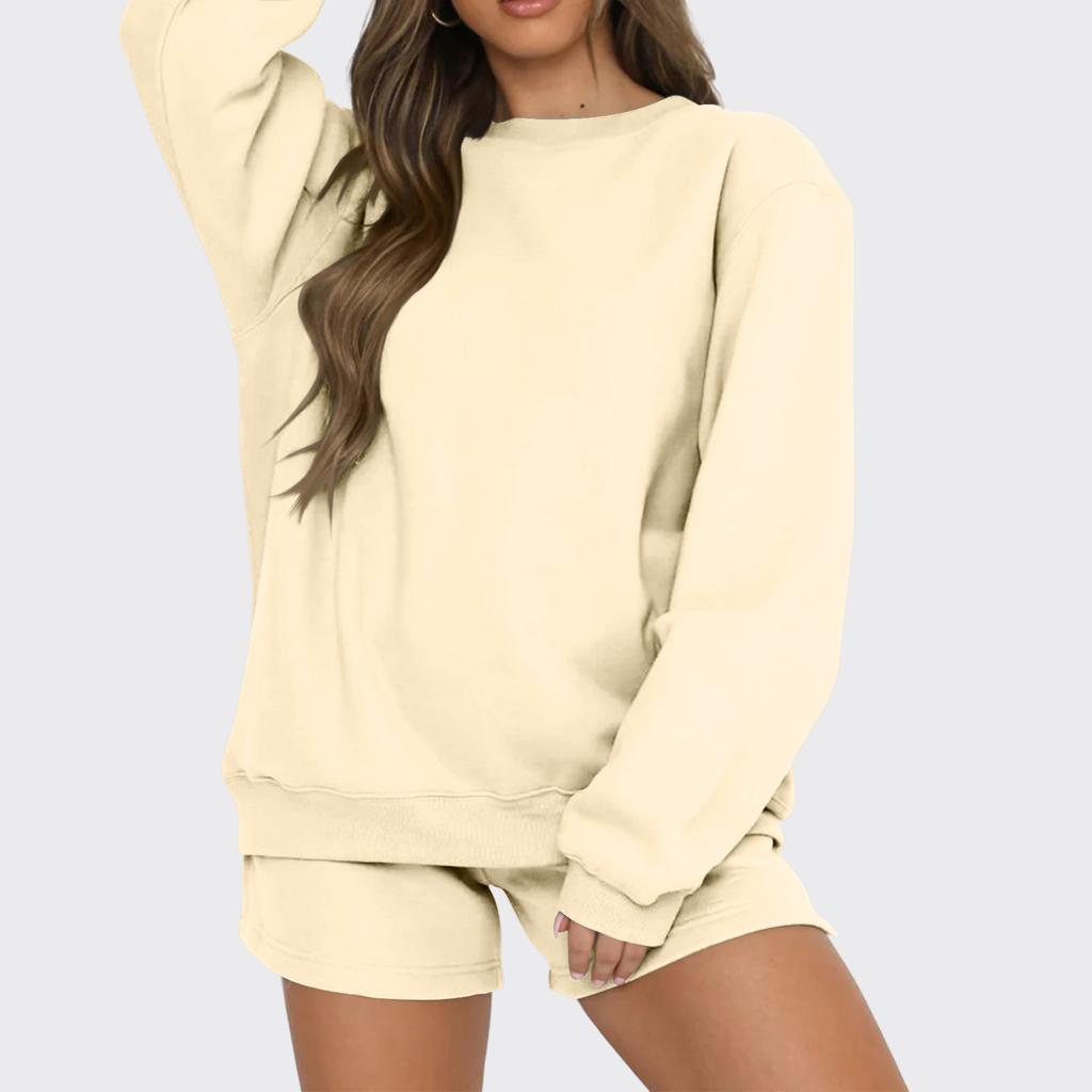 Women's Comfortable Casual Fashionable Solid Color Round Neck Sweatshirt Shorts Two-piece Set