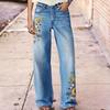 Damen lässige Jeans mit hoher Taille, Sonnenblumenstickerei, fließend, weiter Beinschnitt, gewaschen