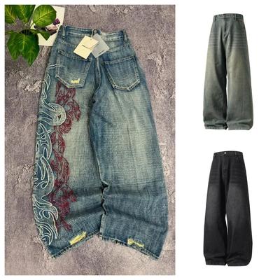 Y2K American New Pattern Embroidery Baggy Jeans Men High Street Vintage Hip Hop Fashion Casual Joker Couple Wide-leg Pants