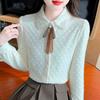 New 2024 Fashion Winter Long Sleeve Bow Beading Turn Down Collar Velvet Lace Blouse Shirt Women Tops Blouses Shirts J802