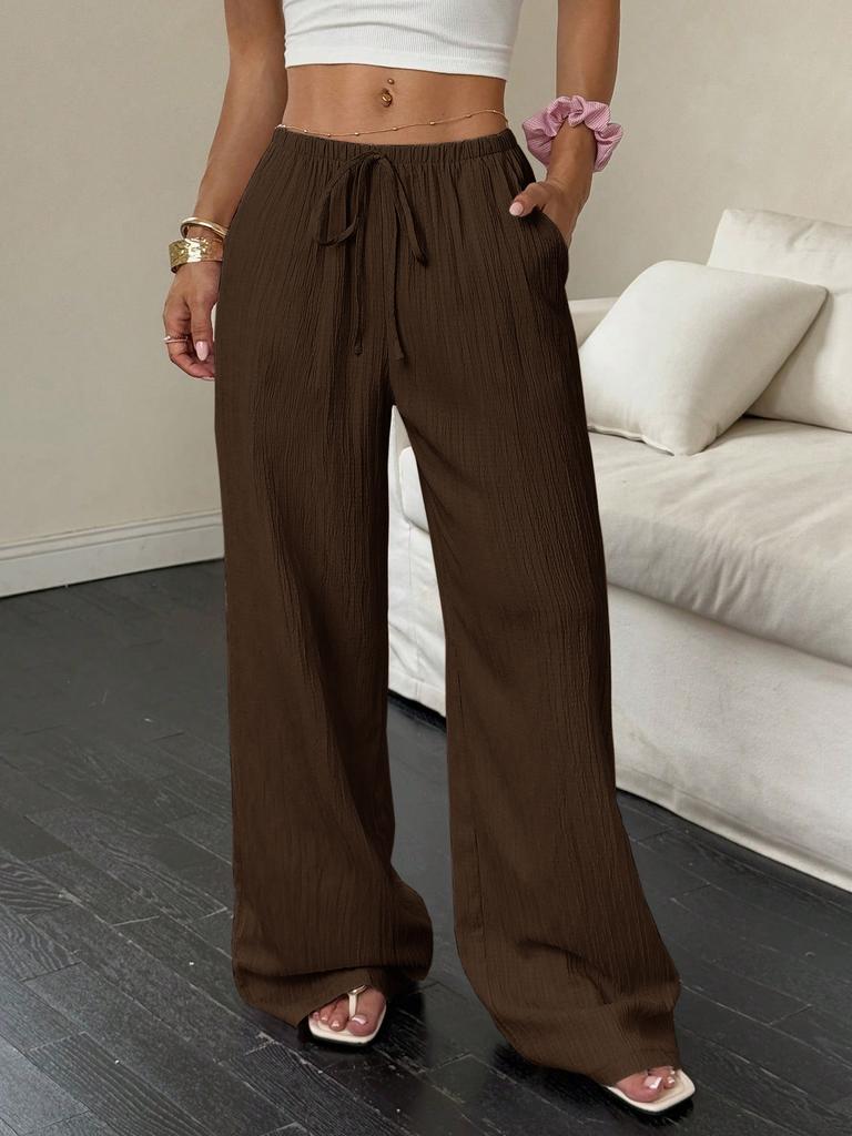 Beige Pleated Wide Leg Drawstring Pants