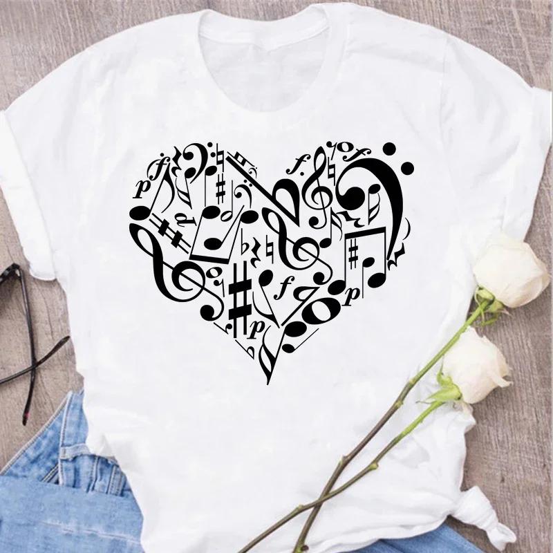 Damen T-Shirt Musik Oberteile Kurzarm Schwarz T-Shirt Damen Lässig Neu Harajuku Lustig Musiknote Kunst T-Shirt Mode