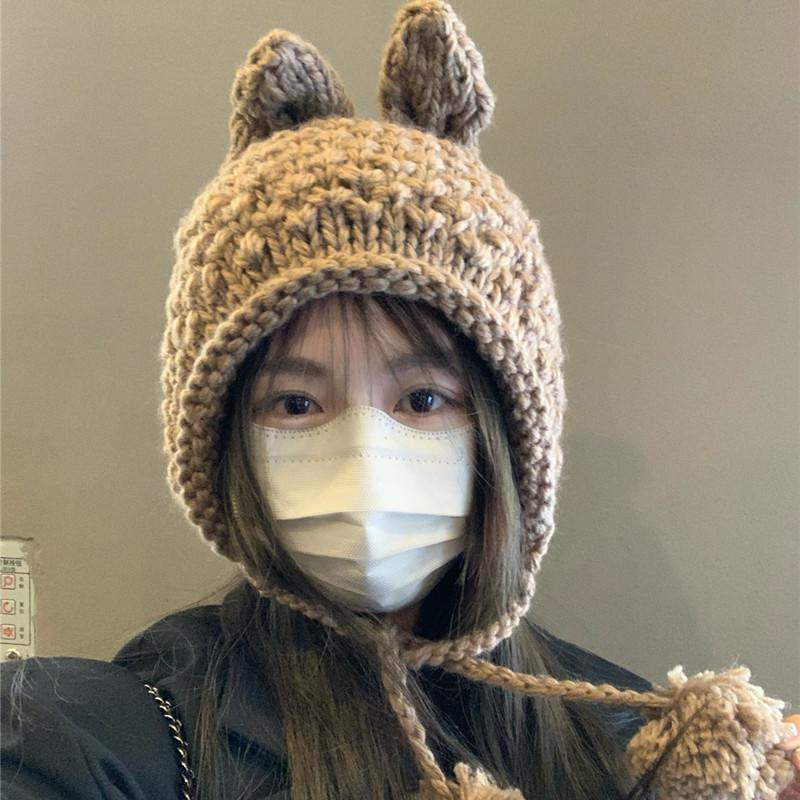 Cute Handmade Rabbit Ear Woolen Hat for Parent Child Autumn and Winter New Style Knitted Ear Protection Warm Lei Feng Hat