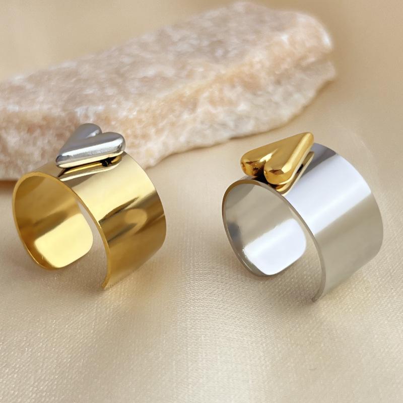 New Design Gold Copper Color Two Tone Metal Heart Stainless Steel Rings For Women Men Trendy Jewelry Valentine'S Day Gifts
