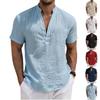 Men's Casual Short Sleeve Henley Shirt Lightweight Breathable Cotton Linen with Stand Collar and Button Placket Design
