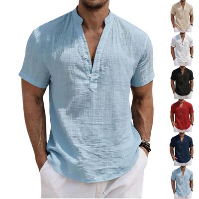 Men's Casual Short Sleeve Henley Shirt Lightweight Breathable Cotton Linen with Stand Collar and Button Placket Design