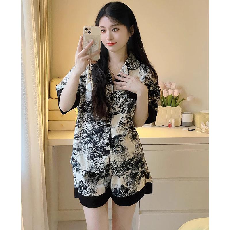 Ice Silk Pajamas Women'S Summer Short-Sleeved New Chinese Ink Painting High-End Lace Edge Thin Loungewear
