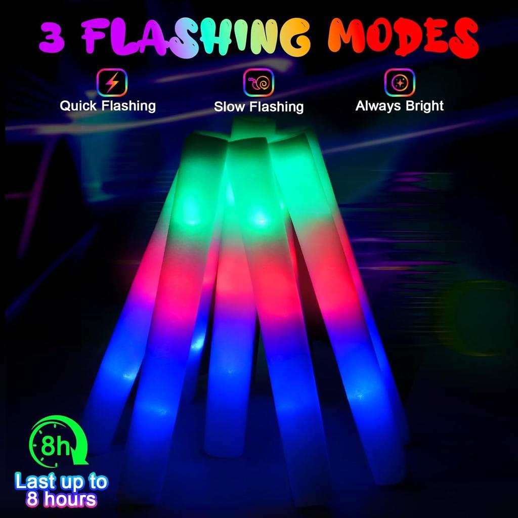 44 PCS Foam Glow Sticks with 3 Modes Colorful Flashing, Foam Light Up Sticks, LED Light Sticks, Glow Sticks Party Pack for New Year, Wedding, Raves,