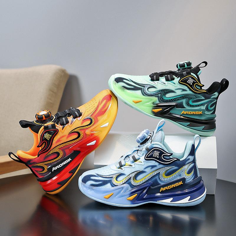 Boys Shoes Autumn and Winter 2025 New Children's Basketball Shoes Rotating Buckle Middle Older Boys Soft-soled Air Cushion Running Shoes