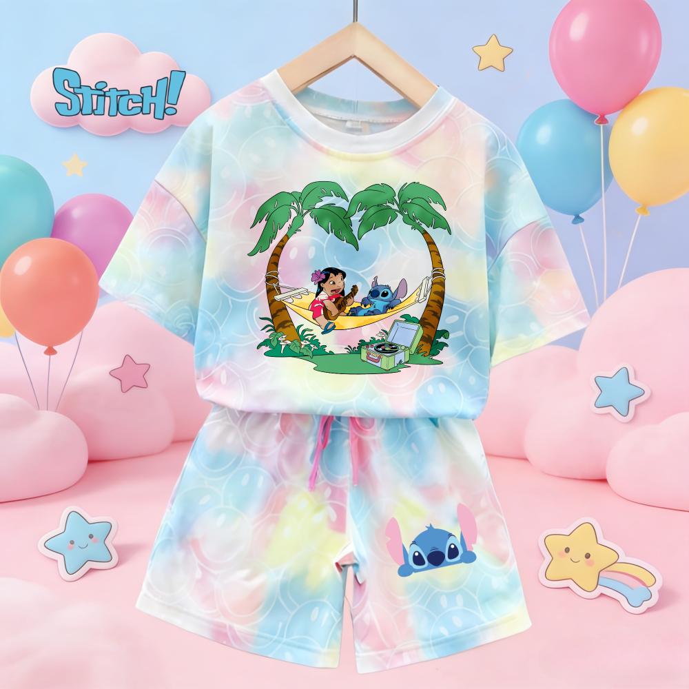 Cute Stitch Print Tie-dye Smile Tees Girl Summer pajamas Kawaii Smile Face Short Sleeve Outfits Short Sleeve T-Shirt and Shorts
