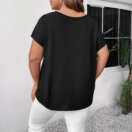 Women Summer T-shirt V-Neck Short Sleeve Solid Color Loose Fit Casual Tops with Hollow Cross-Band Design