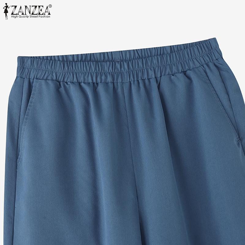 ZANZEA Kvinner Casual Elastisk midje Løs Sommerbukser med brede ben