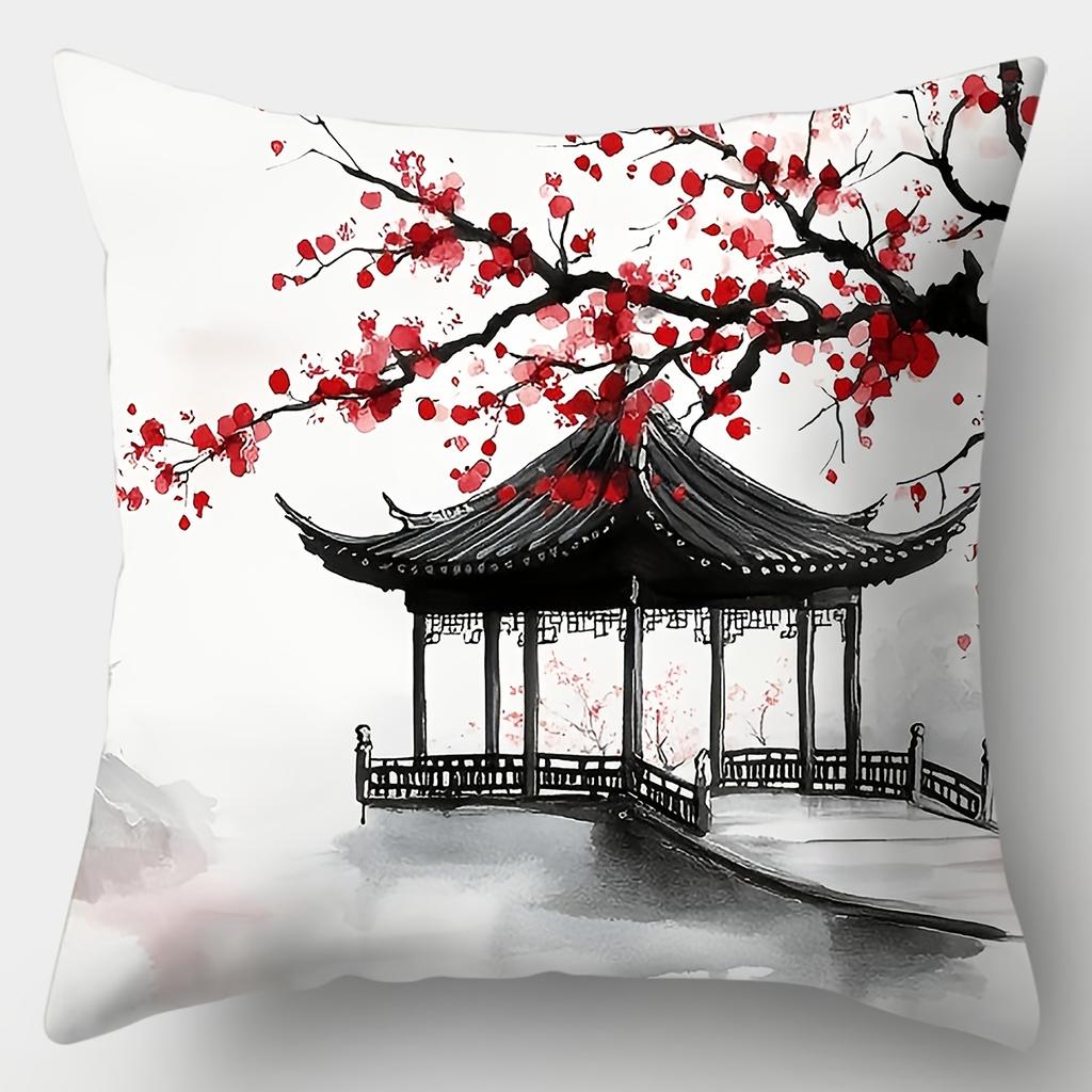 Sofa Kissenbezug Pavillon Pflaumenblüte Kissenhülle Einseitiger Druck Heimdekoration Lendenstütze Chinesischer Stil Orientalisch