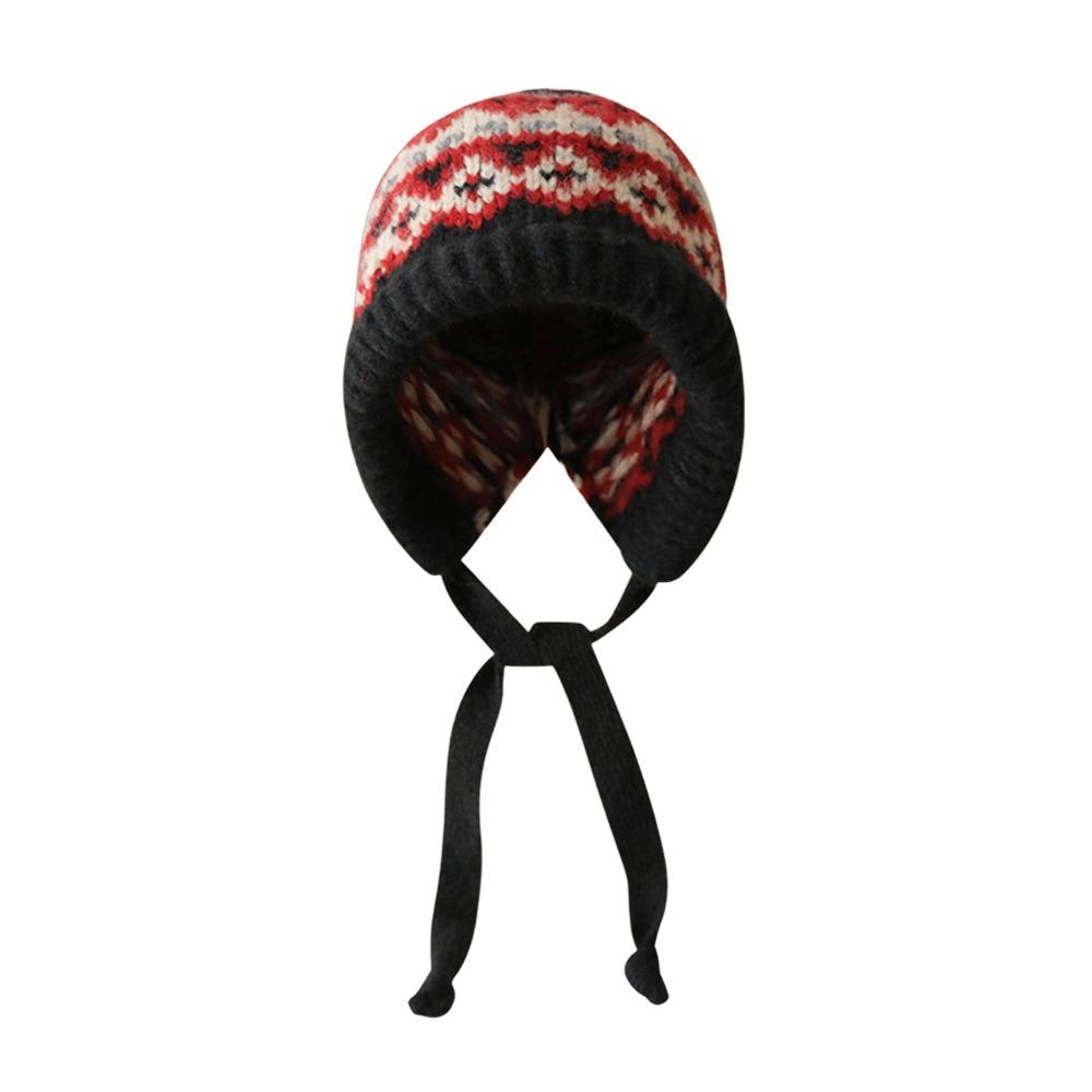 

With Strap Jacquard Knitting Hat Wind-Resistant Earmuffs Pile Cap Cute Pullover Bonnets